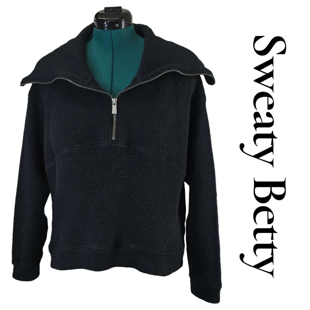 Sweaty‎ Betty Restful Quarter Zip Pullover Women Size S Black Waffle Knit Sporty
